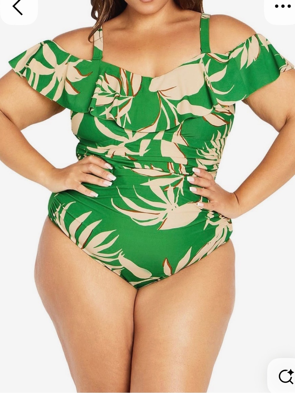 City Chic Jade Green Tropical One-Piece Swimsuit with Cream Leaf Print